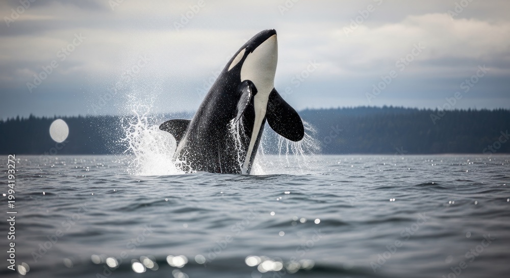 Naklejka premium Majestic Orca Breaching the Ocean Surface in a Stunning Display.