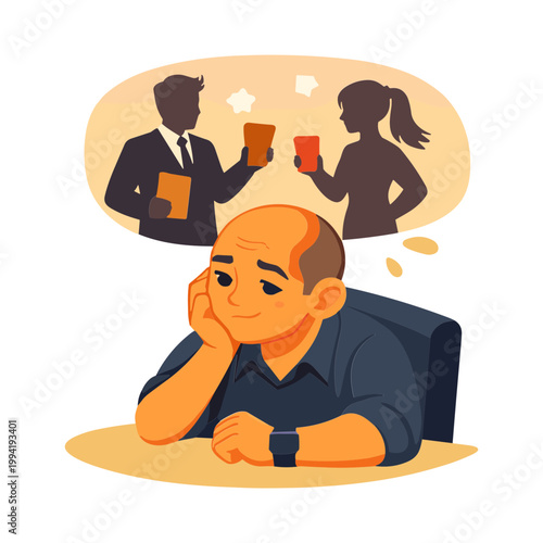 Man sitting at desk thinking about couple arguing with drinks