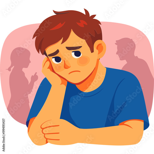 A boy feeling sad and stressed with worried expressions and silhouettes of arguing people behind him.