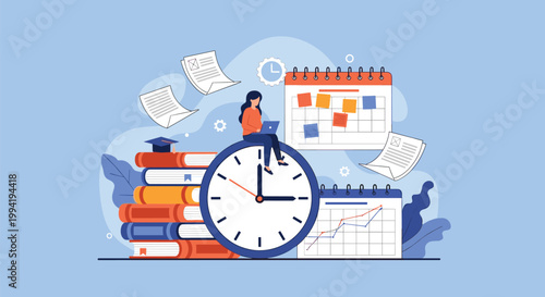Woman sitting on top of a giant clock while working on her laptop surrounded by school supplies and calendar for schedule.