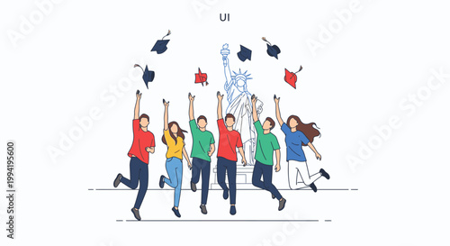 Illustration of a diverse group of young adults jumping and tossing graduation caps in the air with joyful expressions on a clean white background.