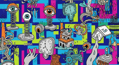 Surreal Psychedelic Art with Eyes Clocks and Abstract Shapes.