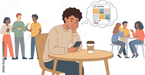 Man Sitting Alone at a Table in a Bustling Cafe Environment with People