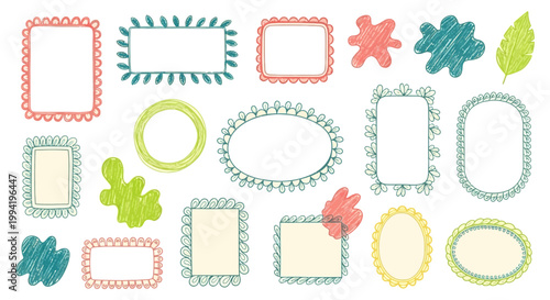 hand-drawn frames doodle borders decorative elements and assorted abstract shapes in pastel colors perfect for playful graphic design projects.