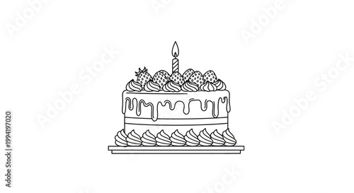 Birthday Cake with Lit Candle and Strawberries Line Art Vector Illustration
