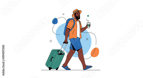 Adventurous man wearing a hat and carrying a backpack while pulling his green suitcase and holding a cup of coffee.