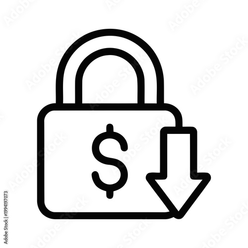 Outline Minimalist Padlock with Dollar Sign and Down Arrow Icon Symbol for Price Reduction