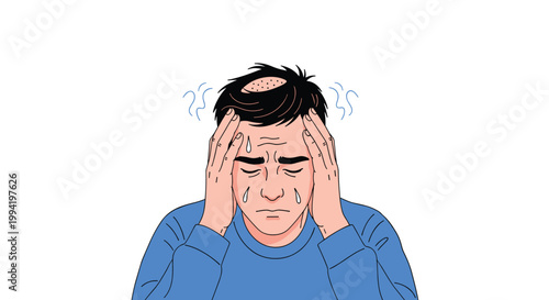 Stressed man holds his head in despair while noticing a visible bald spot on his scalp due to severe hair loss problems.