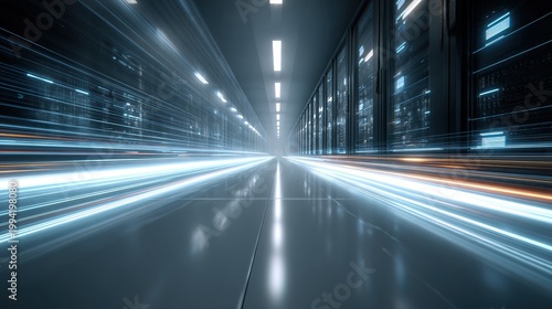 Futuristic High-Tech Abstract Data Center Server Room with Blurry Light Streaks Representing Fast Data Flow and Connectivity