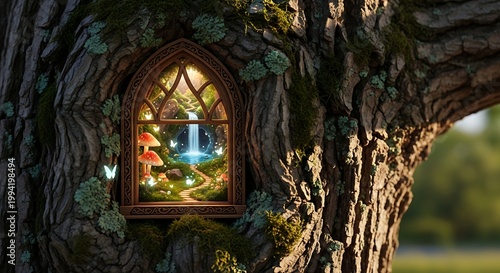 Medieval castle interior stone archway with stained glass window