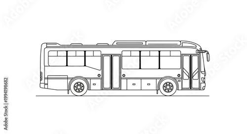 Modern City Bus Line Art Drawing, Side View, Public Transportation Vehicle Outline