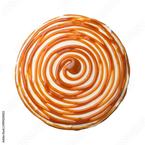 Delicious round cake with white frosting and golden caramel sauce swirl, top view isolated on white background