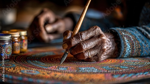 Close Up View of Indigenous Elder Hand Painting Traditional Aboriginal Dot Art on Canvas with Fine Brush