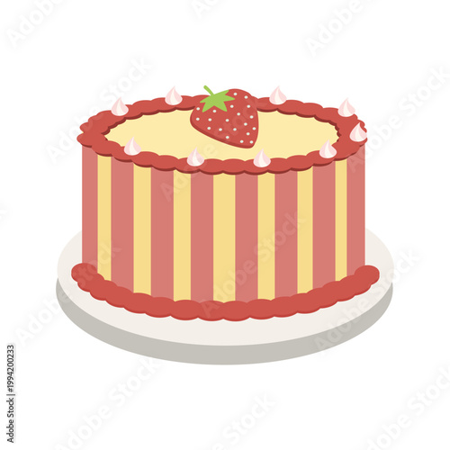 Delicious Layered Cake with Strawberry Topping Flat Vector Illustration for Bakery