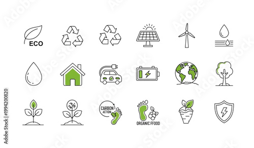 Thin line sustainability icons collection with ecology environment renewable energy outline symbols editable stroke pixel perfect set
