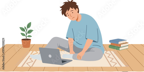 Man sitting on rug with laptop and books indoors studying