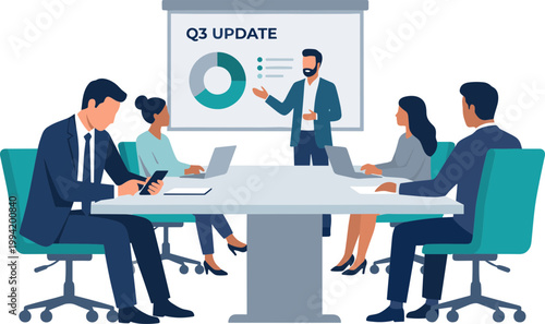 Business team discusses Q3 update around conference table in meeting