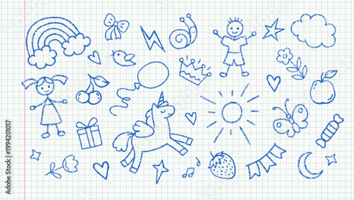 Kids drawings on school graph paper. Cute crayon cloud, sun, girl, boy, rainbow, fruit and unicorn hand drawn on notebook grid sheet. Childish blue doodle sketch on grid paper, vector illustration