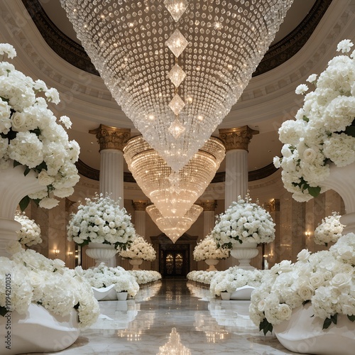 A luxury hotel lobby filled with white floral arrangements and diamond chandeliers, designed with a rich and beautiful background
