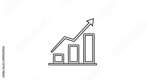 A simple black and white line graph illustration depicts increasing data represented by rising bars and lines