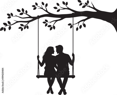 Romantic couple silhouette, loving kiss on swing, tree branch with leaves, black vector icon