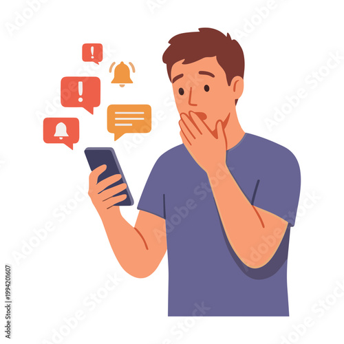 Man reacts surprised to notifications on phone in hand