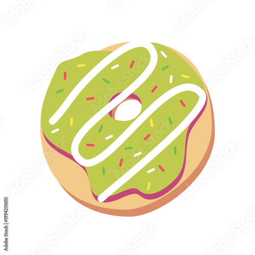 Yummy Green Tea Matcha Glazed Donut with Sprinkles Flat Vector Illustration