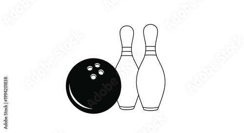 A simple black and white illustration depicts a bowling ball positioned near two standing bowling pins high quality