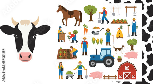 Farm Animals and Agriculture Set with Cow Head, Farmers, Tractor, Crops and Barn Elements for Rural Life, Farming, Organic Food and Cartoon Illustration