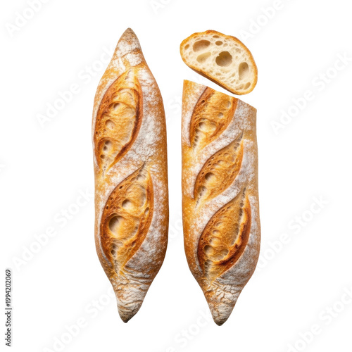Freshly Baked Crusty French Baguettes Isolated on White Background, Artisan Sourdough Bread with One Slice