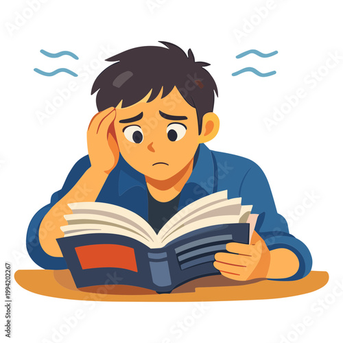 A frustrated boy studies at a desk with an open book