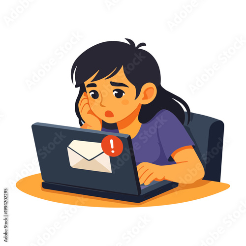 A young girl sits at a laptop with a worried expression due to an email alert.