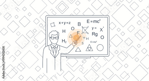 A man in a suit and glasses standing in front of a whiteboard filled with mathematical equations and symbols on a geometric patterned background.
