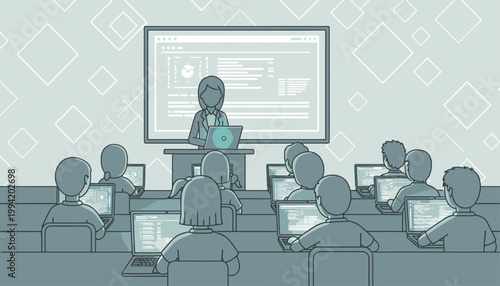 Illustration of a woman teaching a classroom of students using laptops in front of a large screen display with a geometric patterned background.