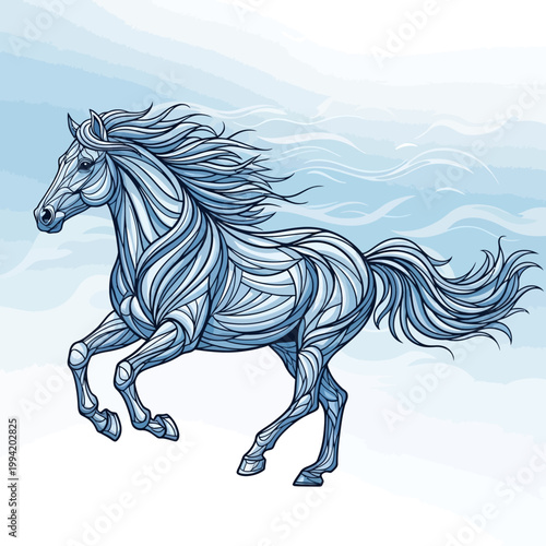 galloping blue ink horse illustration on sky background