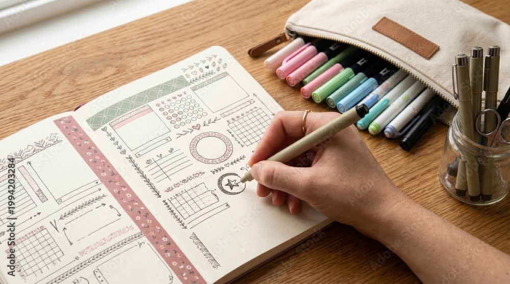 Fototapeta premium Close-Up of Freelancer's Hand Writing in a Bullet Journal with a Fine-Liner Pen, Colorful Washi Tape Borders, Pen Pouch and Markers on Wooden Desk
