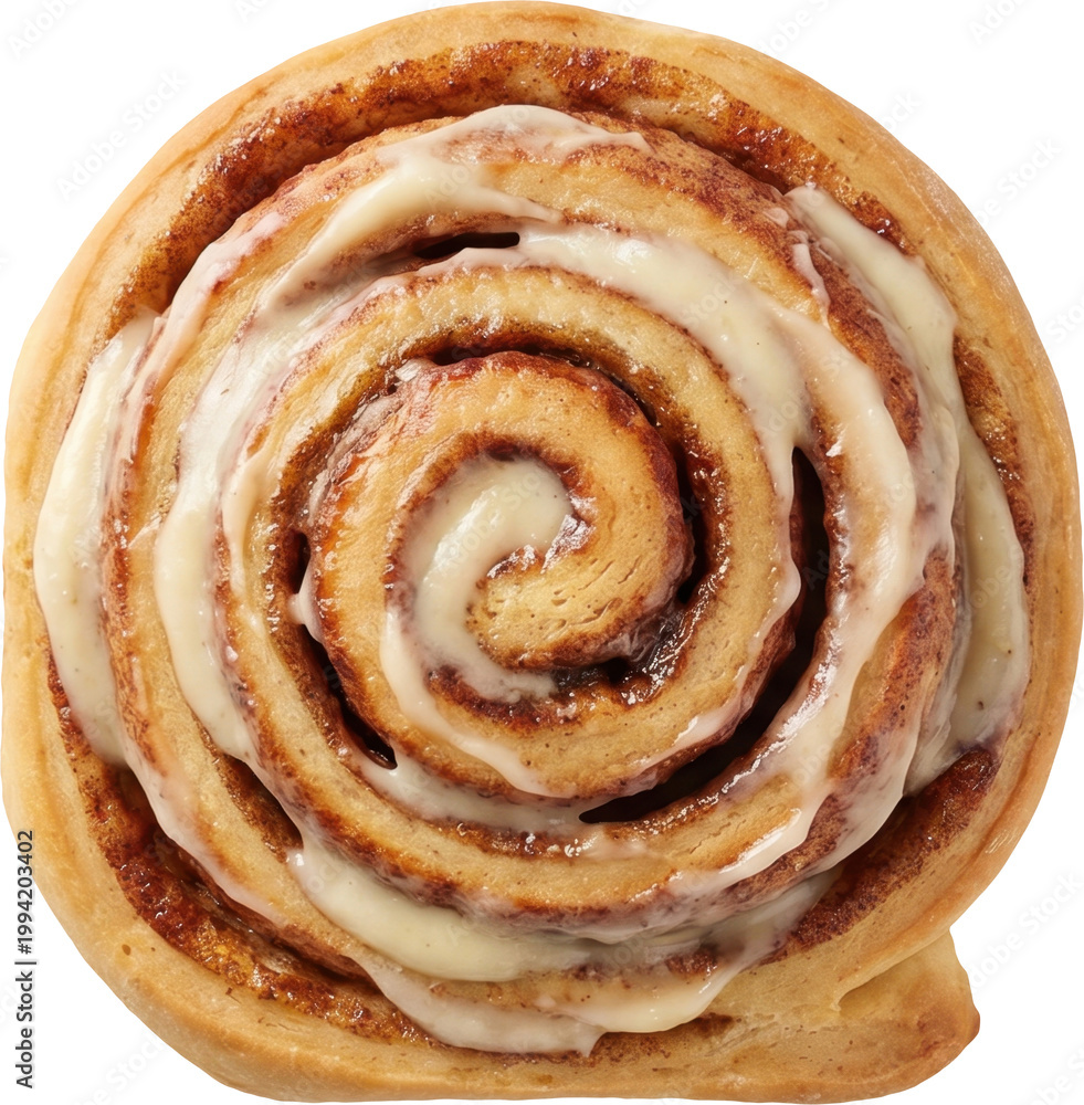 Fototapeta premium Freshly baked cinnamon roll with icing isolated on transparent background