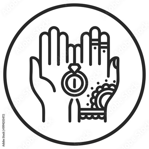 Minimalist Line Art Hand with Ring and Ornament in Circle Icon