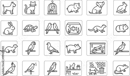 Urban pet animals vector icons set, black line icons dogs cats birds rabbits fish hamsters turtles parrots cages CAD illustration style