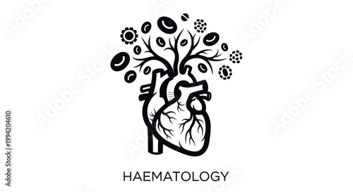 Haematology concept illustration with human heart and blood cells. Vector anatomy of circulatory system.