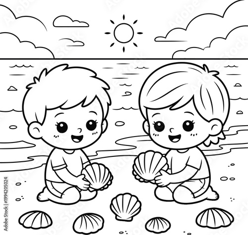 Two children sitting on the beach collecting seashells, coloring page
