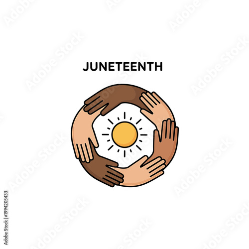 Juneteenth Illustration with Diverse Hands and Sun for Unity