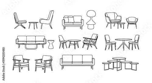 modern furniture vector icons and architectural symbols illustrating interior design floor plans for home decor projects.
