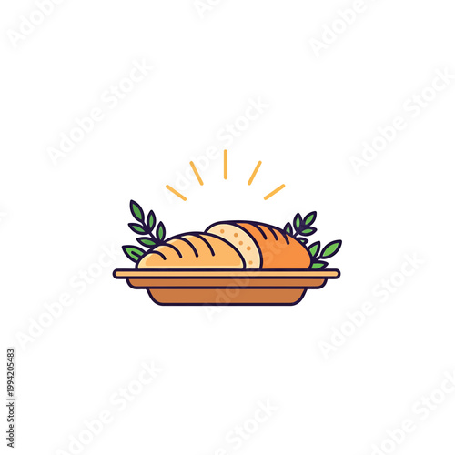 Sliced loaf of fresh bread on a tray with herbs vector illustration