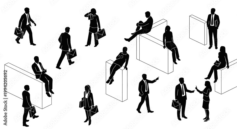Fototapeta premium isometric business people silhouettes in black and white diverse poses and interactions