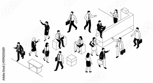 isometric business people in office setting some working on laptops and walking
