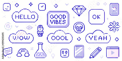 Neon pixel art collage with positive messages and playful objects