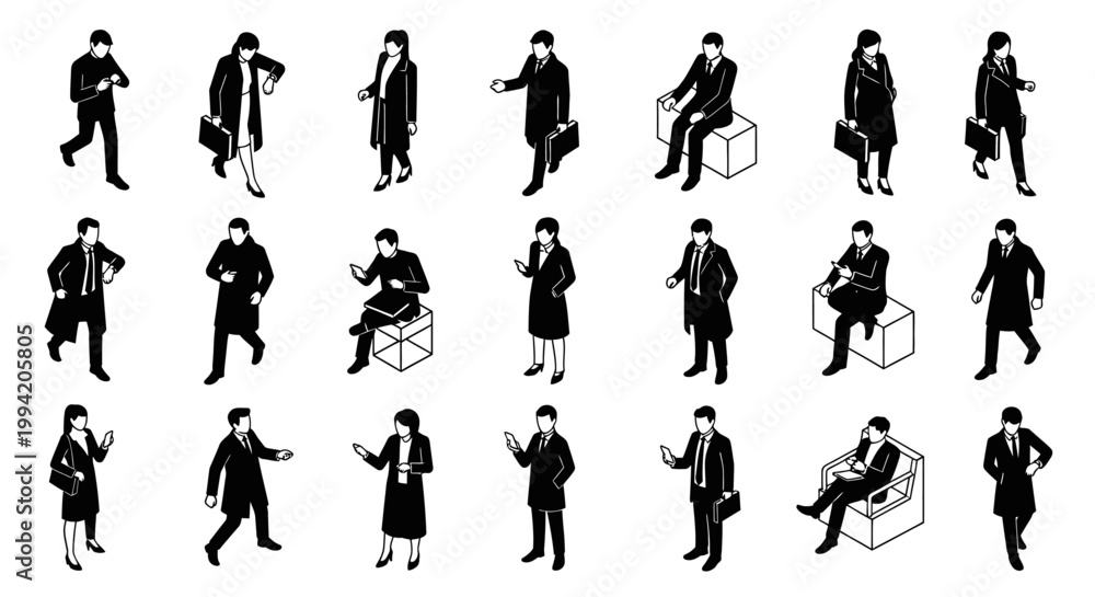 Fototapeta premium diverse isometric black silhouette business people interacting and walking ideal for modern corporate concepts and ui design