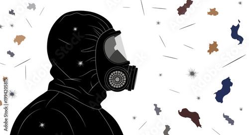 person wearing hazmat suit and gas mask for personal protection against danger in a contaminated environment.