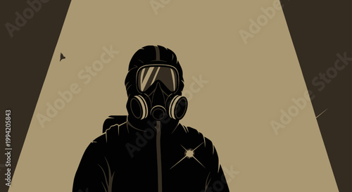 a person wearing a full hazmat suit and gas mask stands in a stark environment symbolizing safety and protection against biohazard threats.